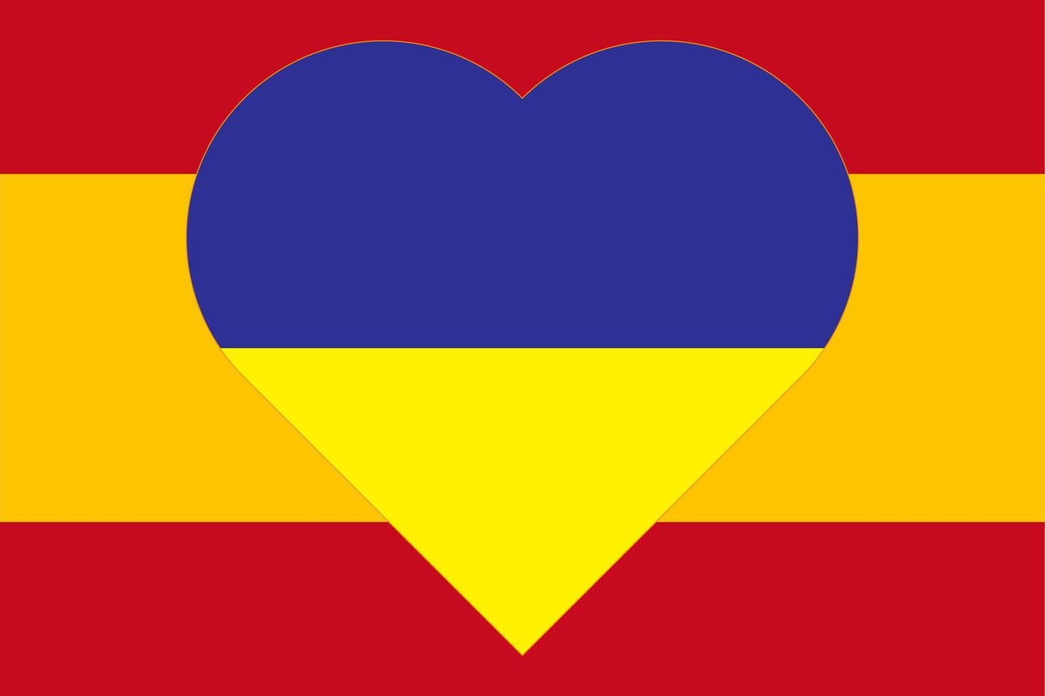 un coeur peint aux couleurs du drapeau de l'ukraine sur le drapeau de l'espagne. illustration vectorielle d'un coeur bleu et jaune sur le symbole national. vecteur