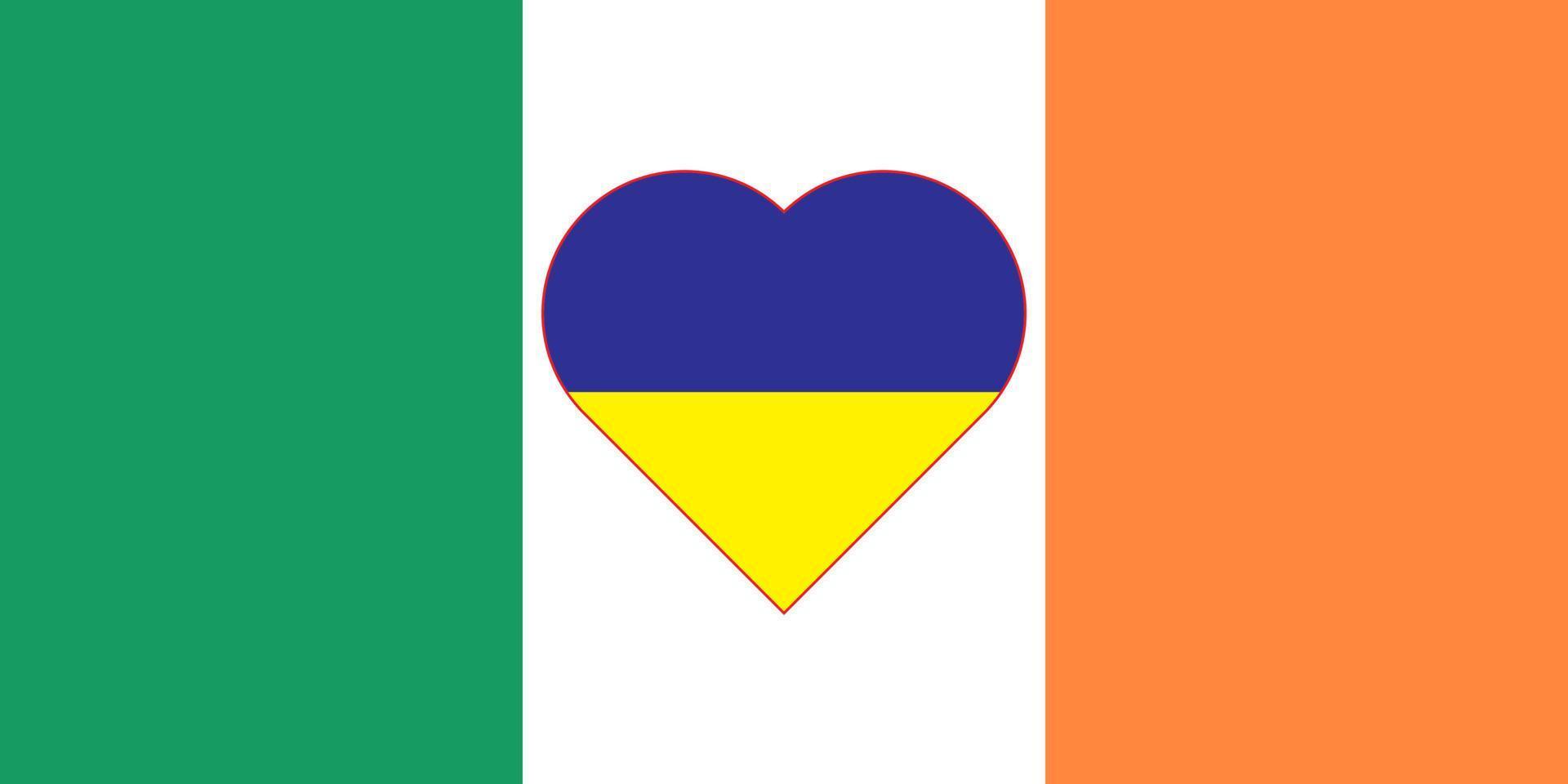 coeur peint aux couleurs du drapeau de l'irlande sur le drapeau de l'ukraine. illustration vectorielle d'un coeur avec le symbole national de l'irlande sur fond bleu-jaune. vecteur