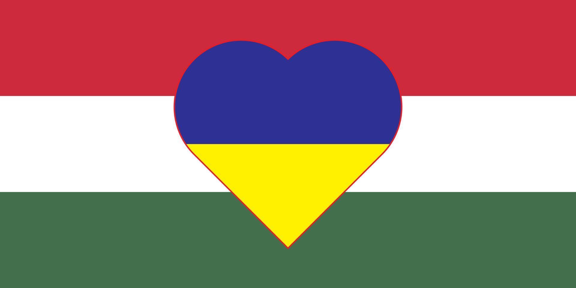 coeur peint aux couleurs du drapeau de la hongrie sur le drapeau de l'ukraine. illustration vectorielle d'un coeur avec le symbole national de la hongrie sur fond bleu-jaune. vecteur