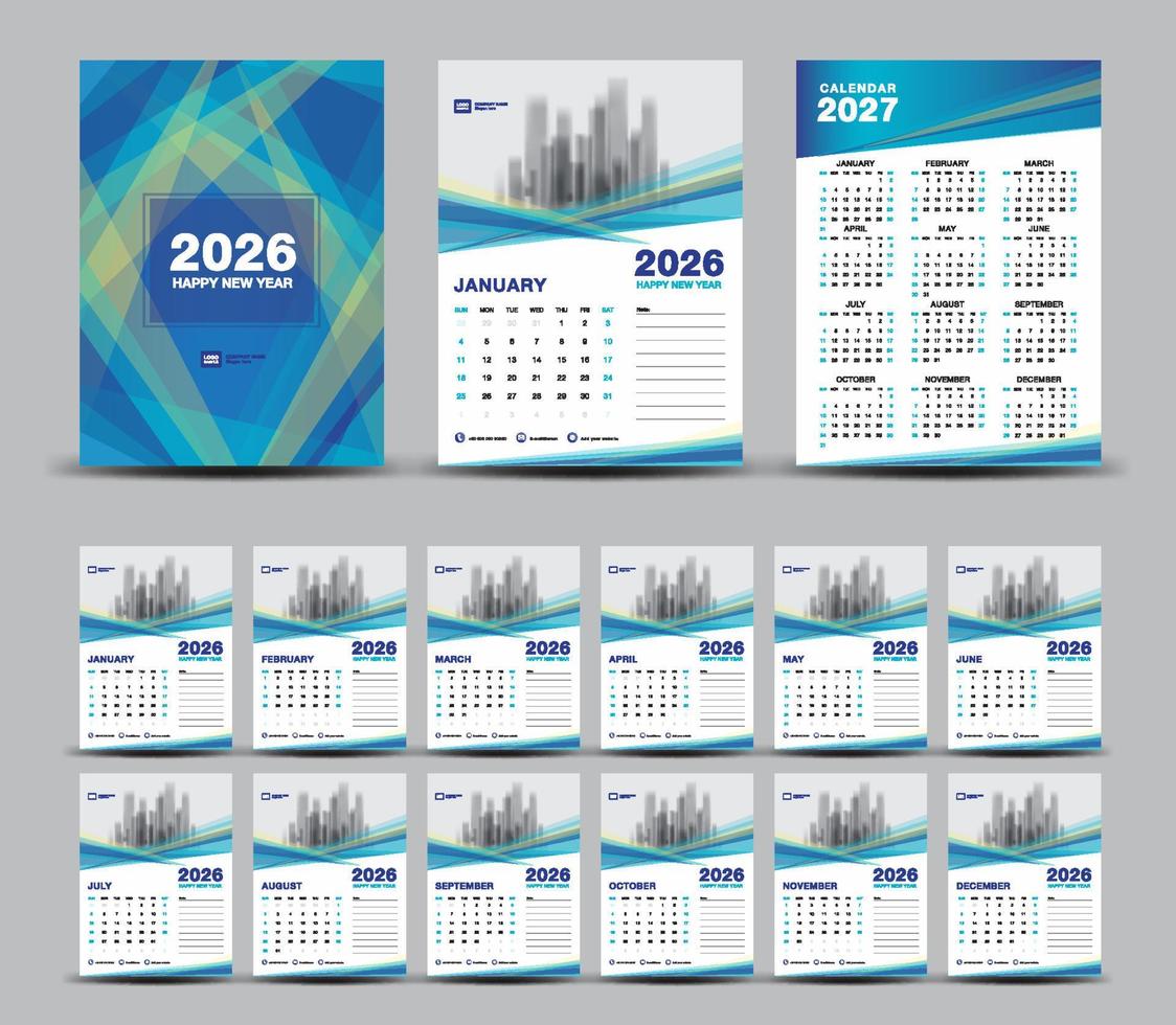 ensemble de modèles de calendrier 2026 et fond bleu minimal de l'année 2027, calendrier mural 2026, ensemble de calendrier de bureau 2026, conception de la couverture, ensemble de 12 mois, la semaine commence dimanche, papeterie, planificateur, couverture bleue vecteur