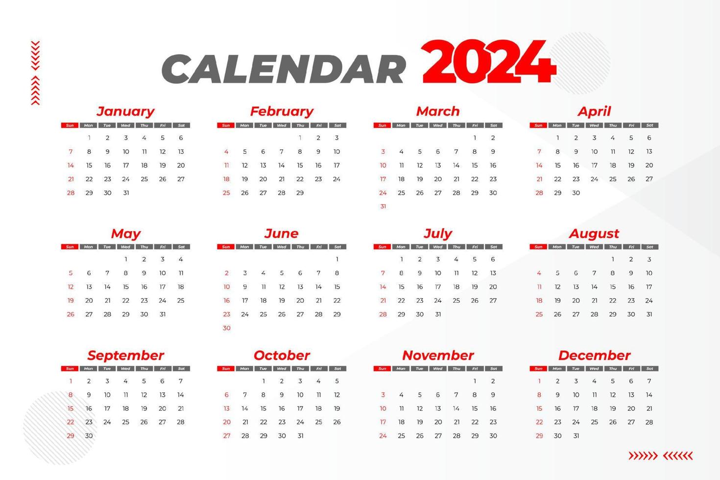 Modèle de calendrier 2024, vecteur modifiable