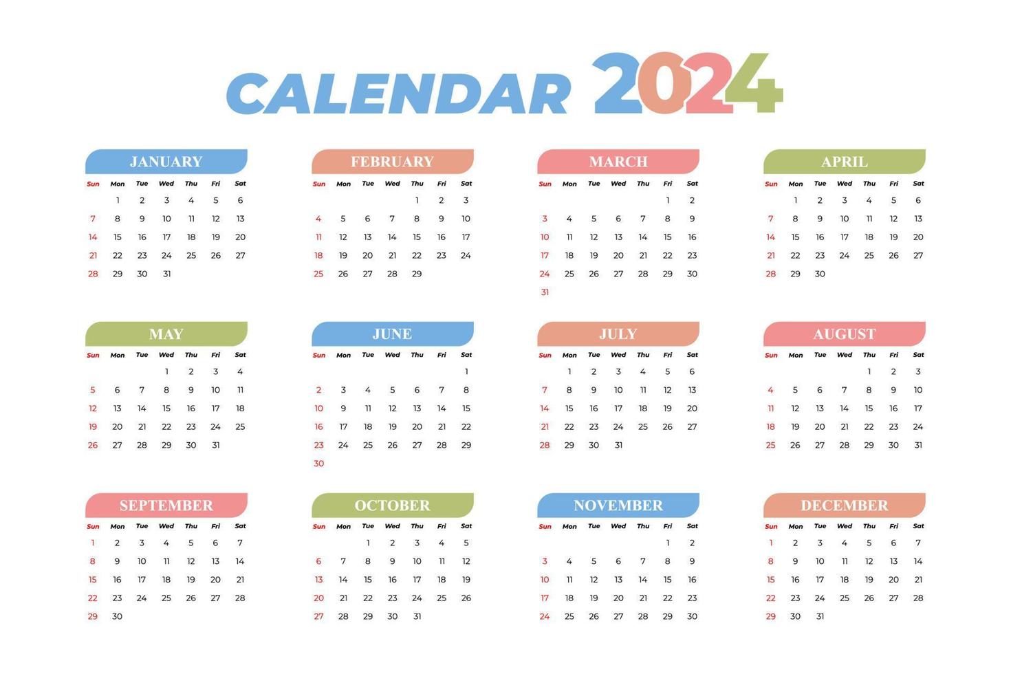 Modèle de calendrier 2024, vecteur modifiable