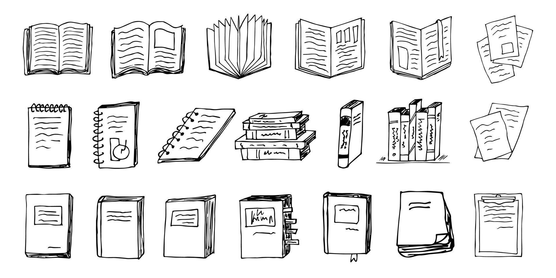 ensemble de clipart livre et bloc-notes de vecteur. illustration de l'école dessinée à la main vecteur