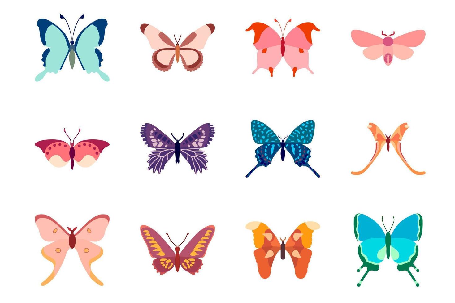 grand ensemble vectoriel, collection de papillons sur fond blanc. jeu d'icônes de dessin animé isolé, insecte décoratif. vecteur