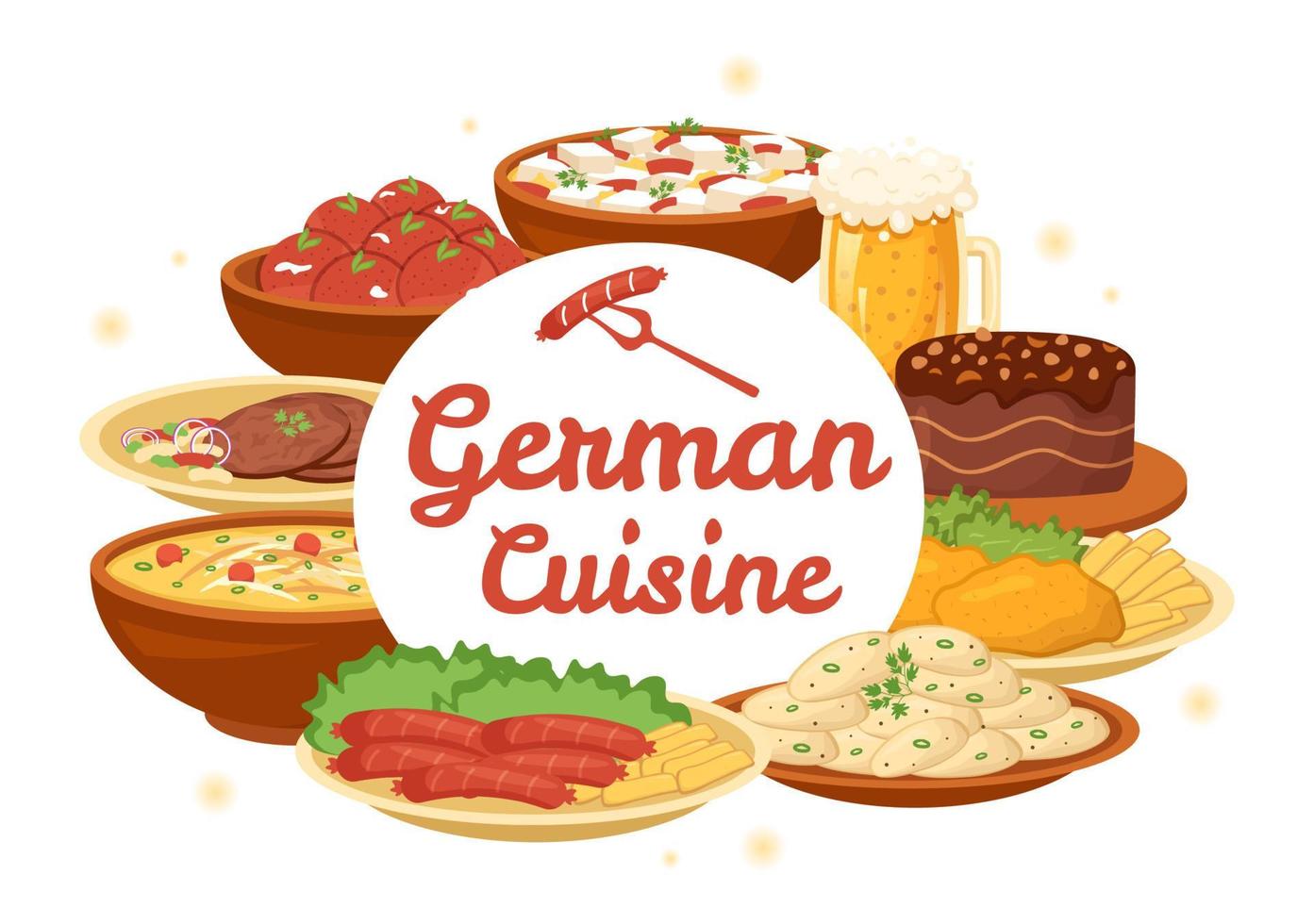restaurant de cuisine allemande avec collection de délicieuses cuisines traditionnelles et boissons en illustration de modèles dessinés à la main de dessin animé plat vecteur