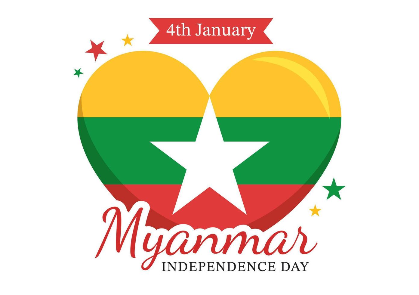 célébrant le jour de l'indépendance du myanmar le 4 janvier avec des drapeaux sur fond de dessin animé plat illustration de modèles dessinés à la main vecteur