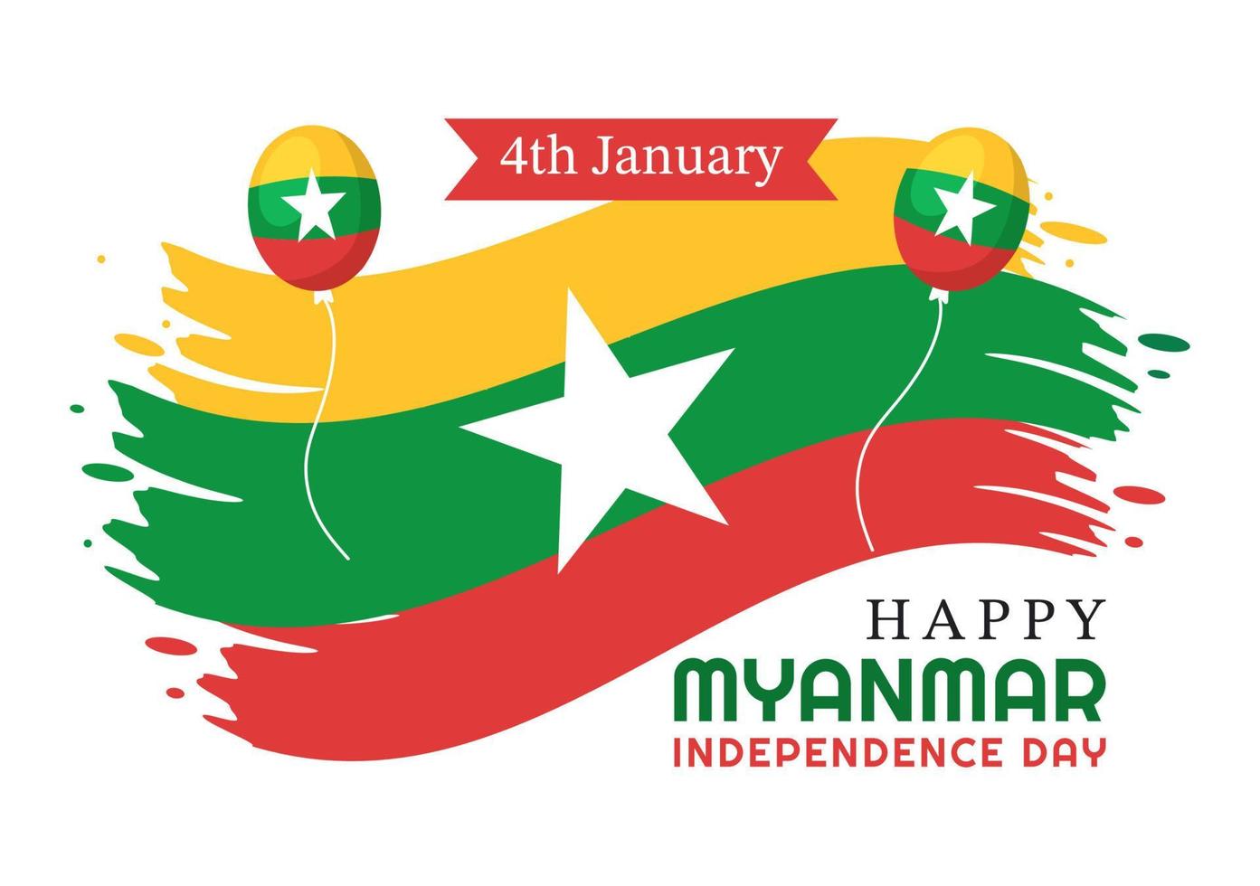 célébrant le jour de l'indépendance du myanmar le 4 janvier avec des drapeaux sur fond de dessin animé plat illustration de modèles dessinés à la main vecteur