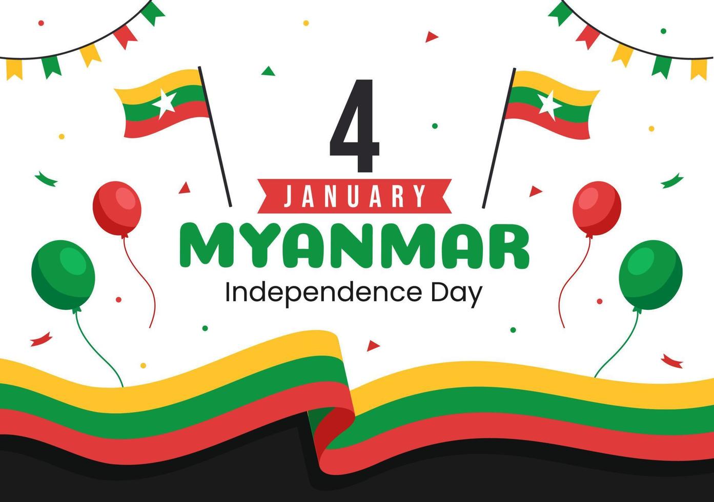 célébrant le jour de l'indépendance du myanmar le 4 janvier avec des drapeaux sur fond de dessin animé plat illustration de modèles dessinés à la main vecteur
