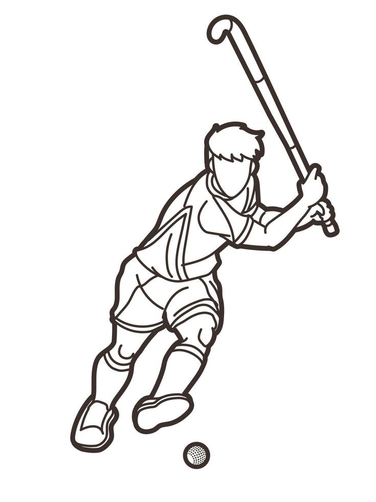 hockey sur gazon, sport, joueur masculin, action, dessin animé, contour vecteur