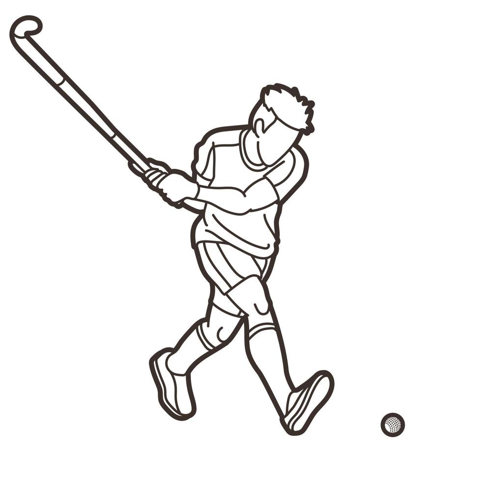 hockey sur gazon, sport, joueur masculin, action, dessin animé, contour vecteur