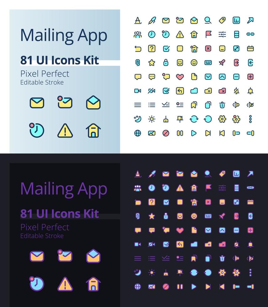 kit d'icônes d'interface utilisateur de couleur RVB parfaite pixel pour l'application de publipostage pour le mode sombre et clair. communications en ligne. gui, conception ux pour application mobile. pictogrammes isolés de vecteur. trait modifiable vecteur