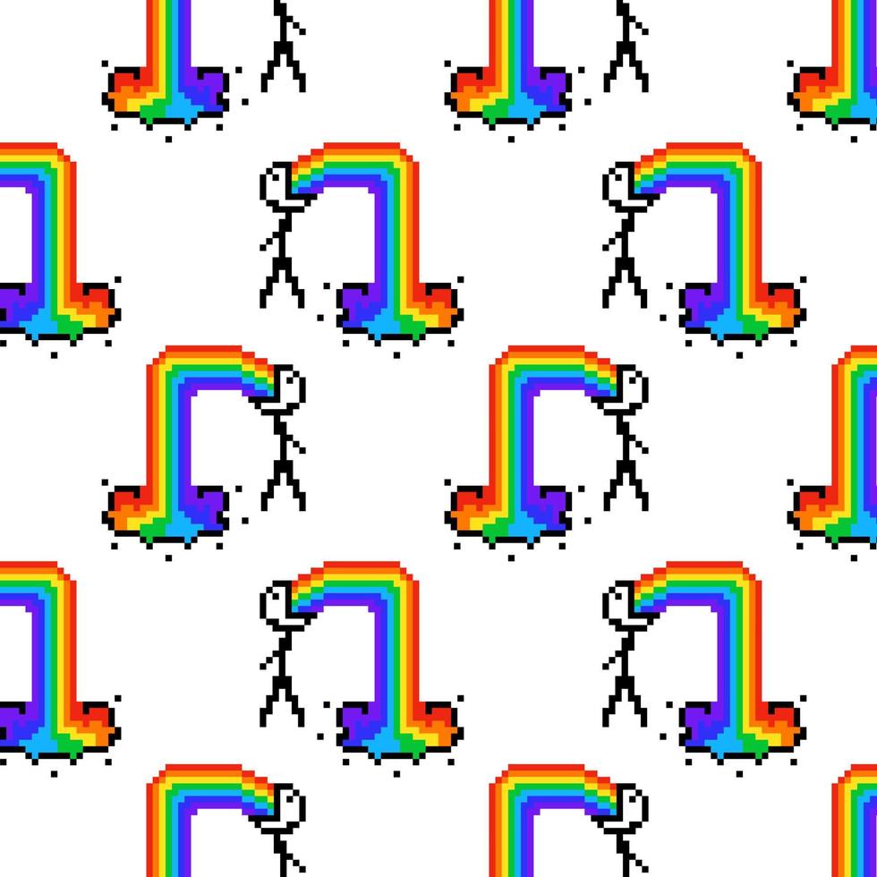 malade vomir arc-en-ciel. fond de motif sans couture avec arc-en-ciel de vomi d'homme pixel 8 bits. style bande dessinée des années 80-90. pour le tissu, l'emballage, le textile, le papier peint, l'habillement vecteur