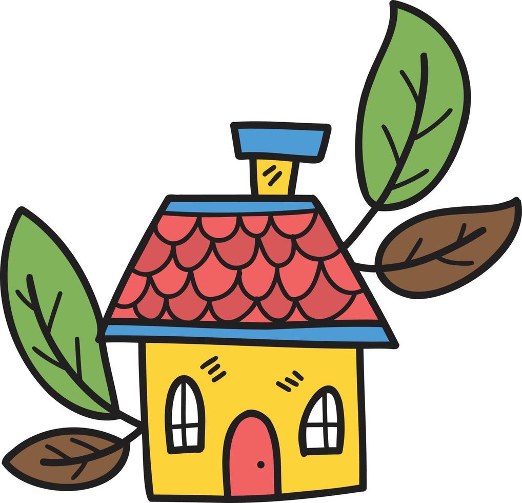 maison mignonne dessinée à la main et illustration de feuilles vecteur
