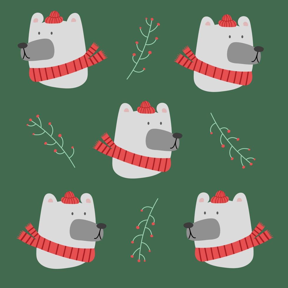 motif de tête d'ours polaire blanc de noël sur fond vert. illustration vectorielle d'ours de dessin animé mignon en bonnet rouge chaud et écharpe pour cartes de voeux, impressions vecteur