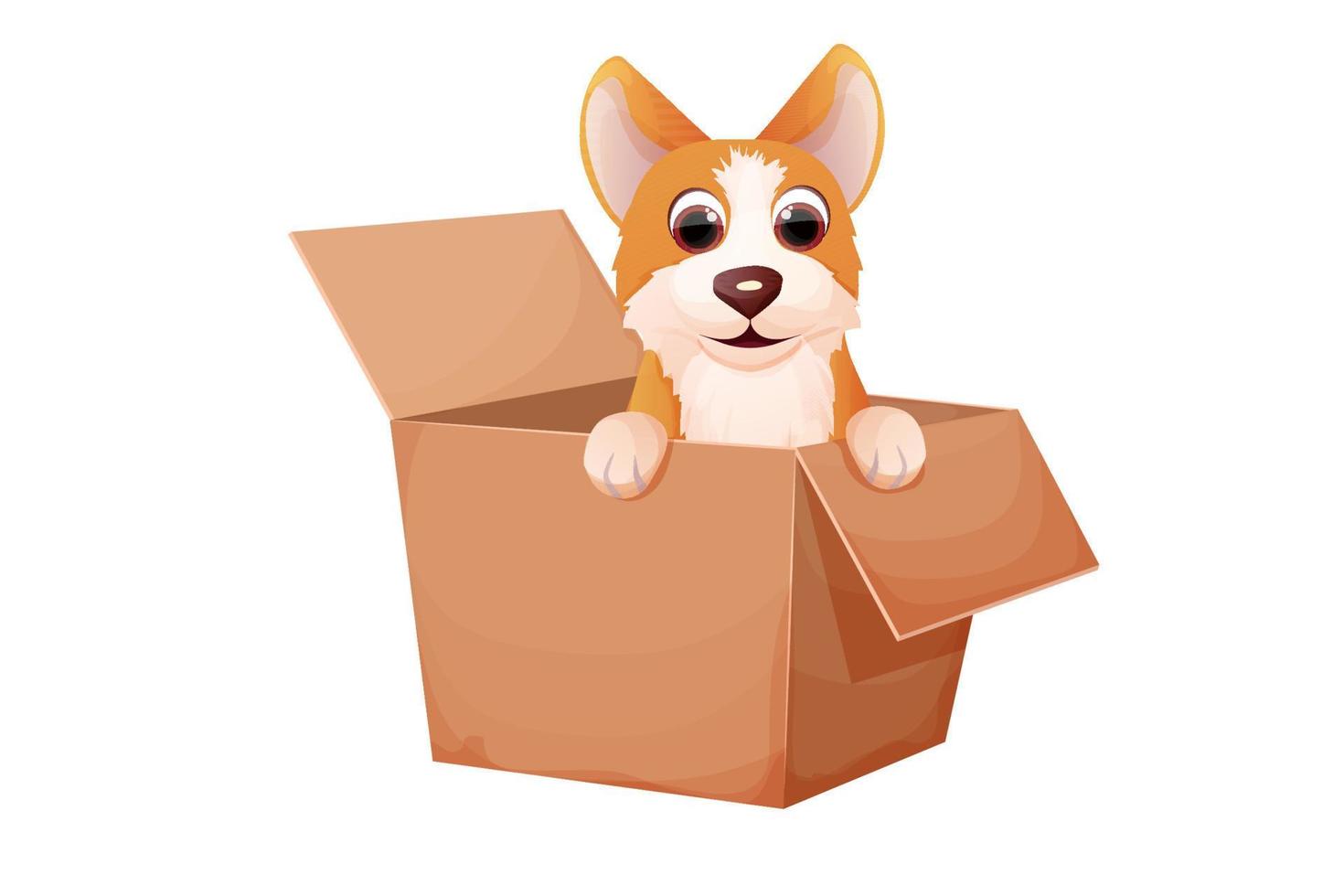 corgi mignon animal de compagnie, chiot dans la boîte, adopter le concept animal, personnage sans-abri en style cartoon isolé sur fond blanc. illustration vectorielle vecteur