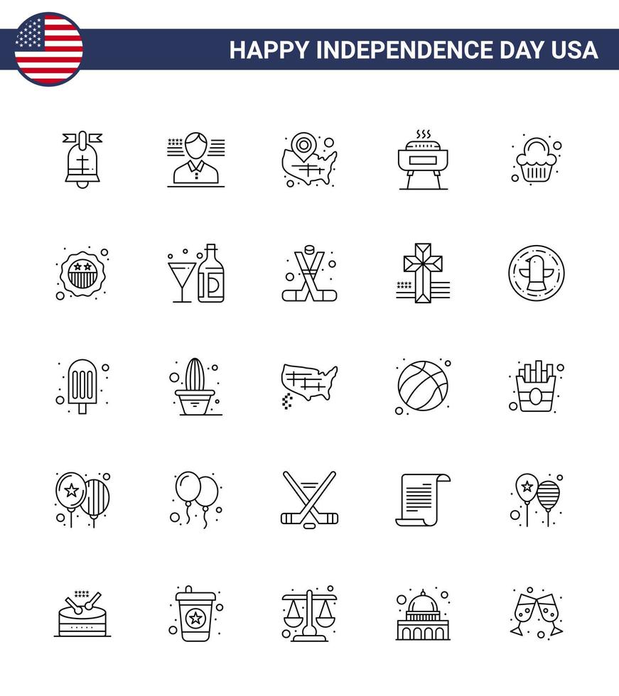 usa joyeux jour de l'indépendancepictogramme ensemble de 25 lignes simples d'états de vacances de fête festivité barbecue modifiable usa day vector design elements