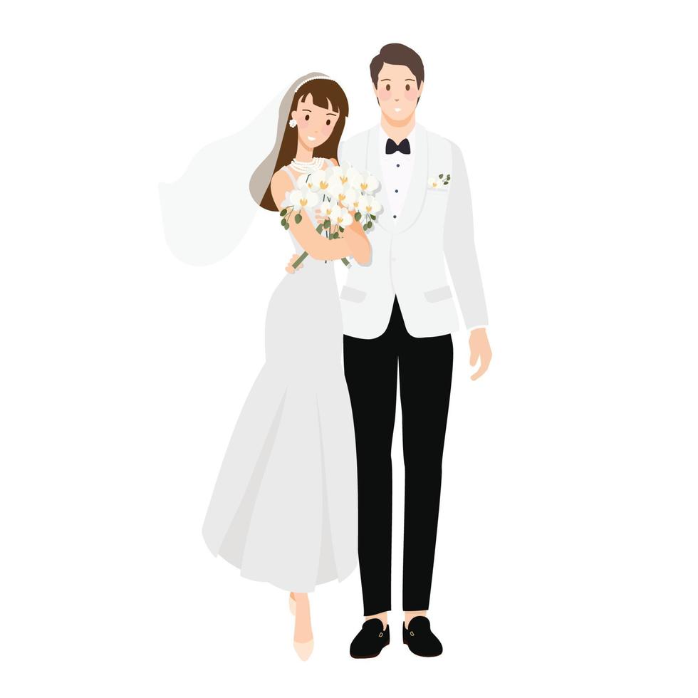 jeune couple de mariage mignon en smoking blanc pour style plat de carte d'invitation vecteur