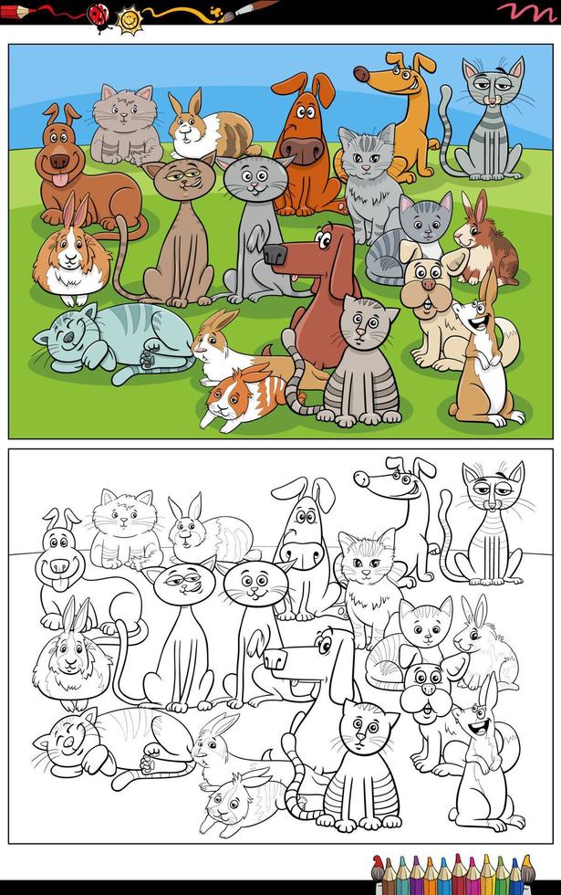 coloriage de groupe de chiens et de chats et de lapins de dessin animé vecteur