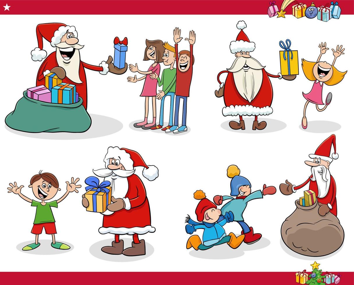 dessin animé santa clauses donnant des cadeaux de noël aux enfants vecteur