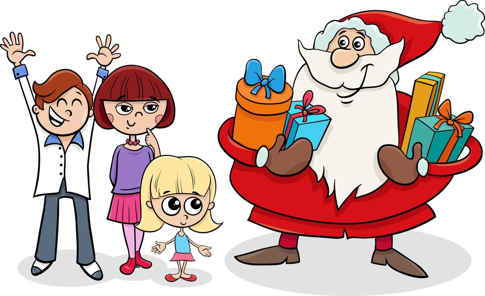 dessin animé père noël donnant des cadeaux de noël aux enfants vecteur