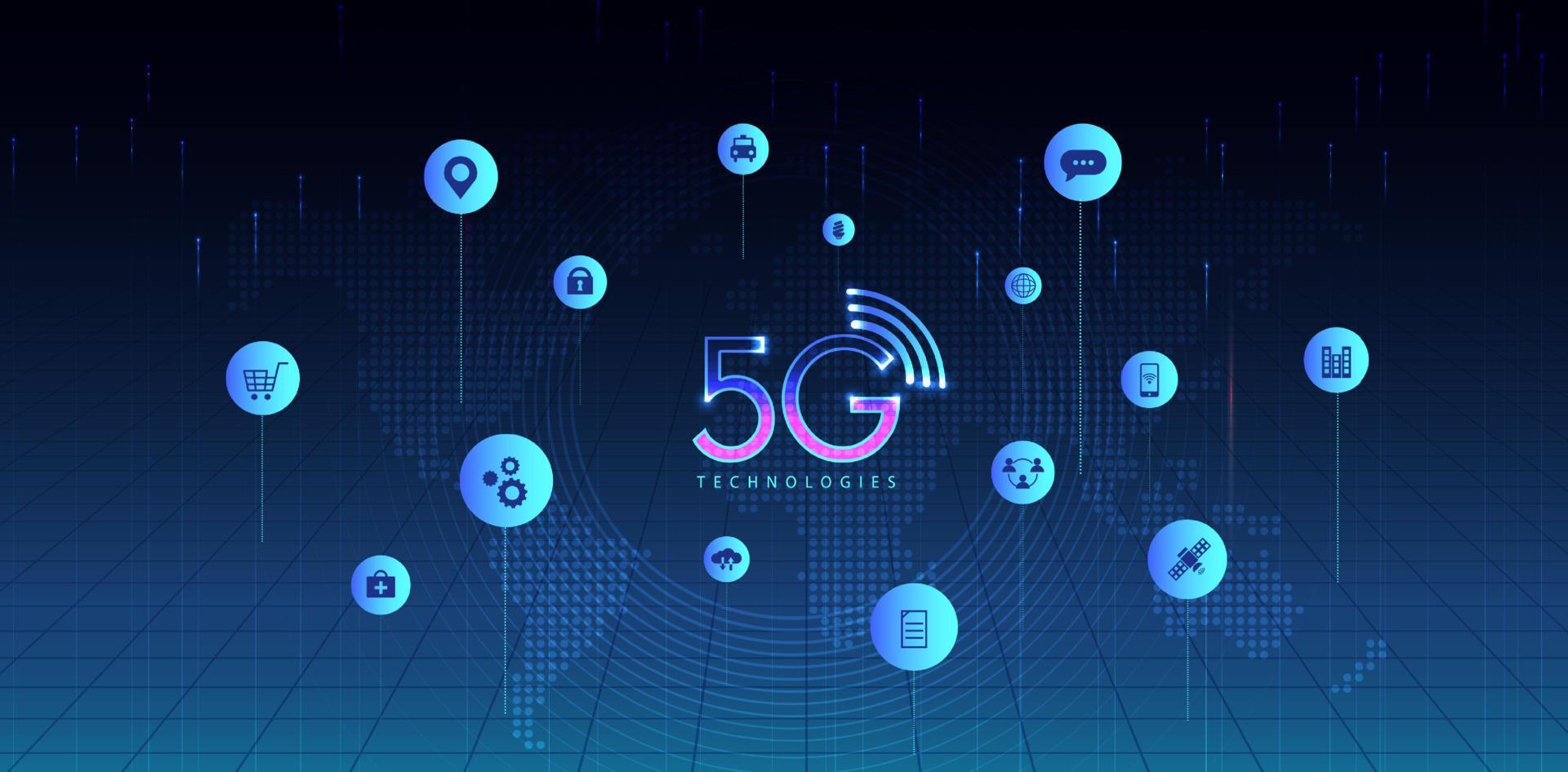 Technologie 5g avec ligne de connexion au réseau informatique entre les bâtiments. connectivité et systèmes de réseaux mondiaux et concept internet des objets. conception de vecteur. vecteur