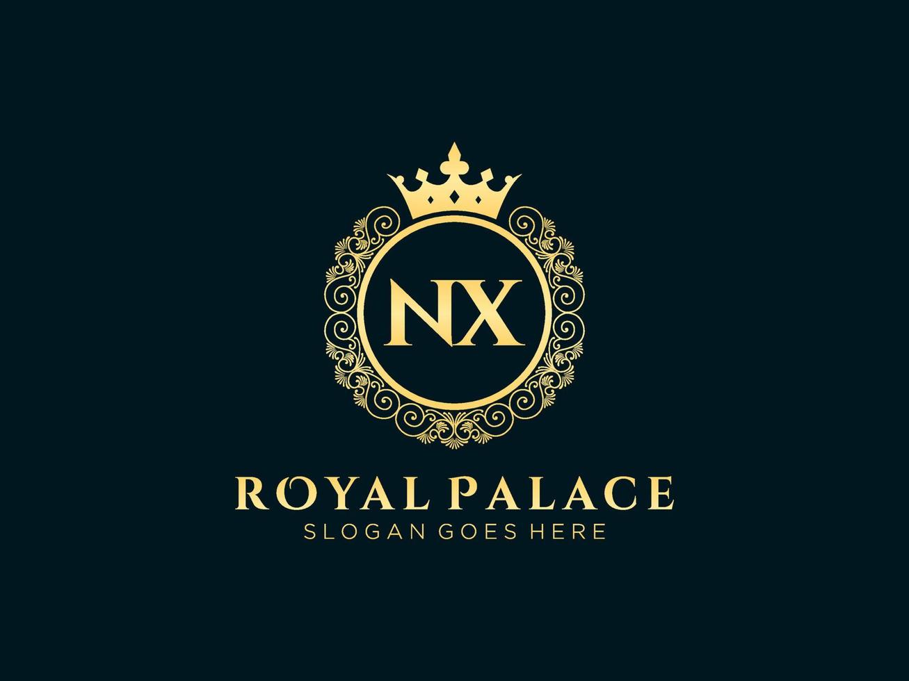 lettre nx logo victorien de luxe royal antique avec cadre ornemental. vecteur