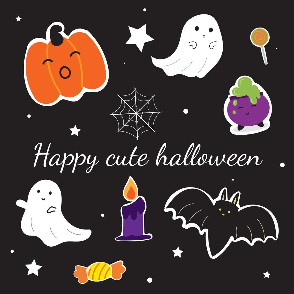 Happy cute halloween doodle isolé sur fond noir vecteur