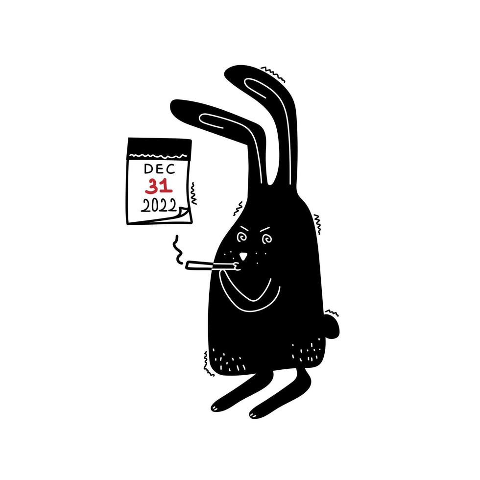 dessin animé lapin noir fume une cigarette et dessiné à la main de la page de calendrier. lièvre en colère et nerveux. symbole de 2023 vecteur