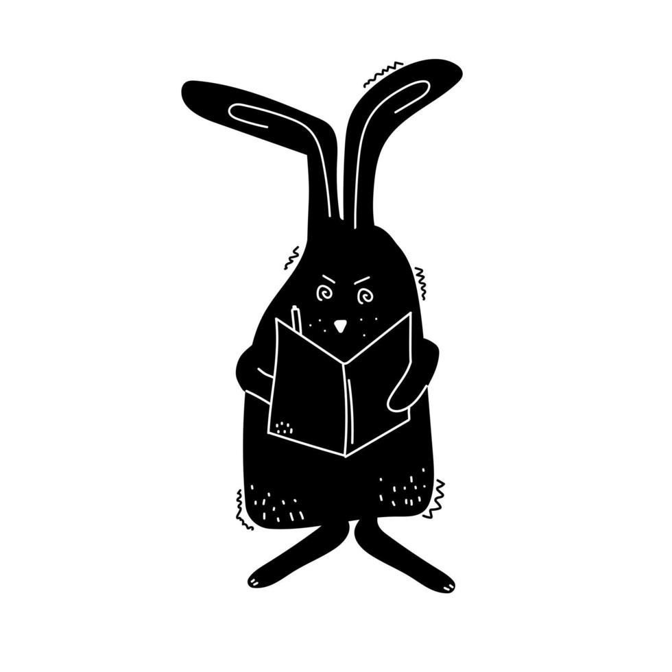 lapin en colère écrit dans un cahier. lièvre noir - croquis. symbole du nouvel an 2023. dessiné à la main. caractère sinistre vecteur