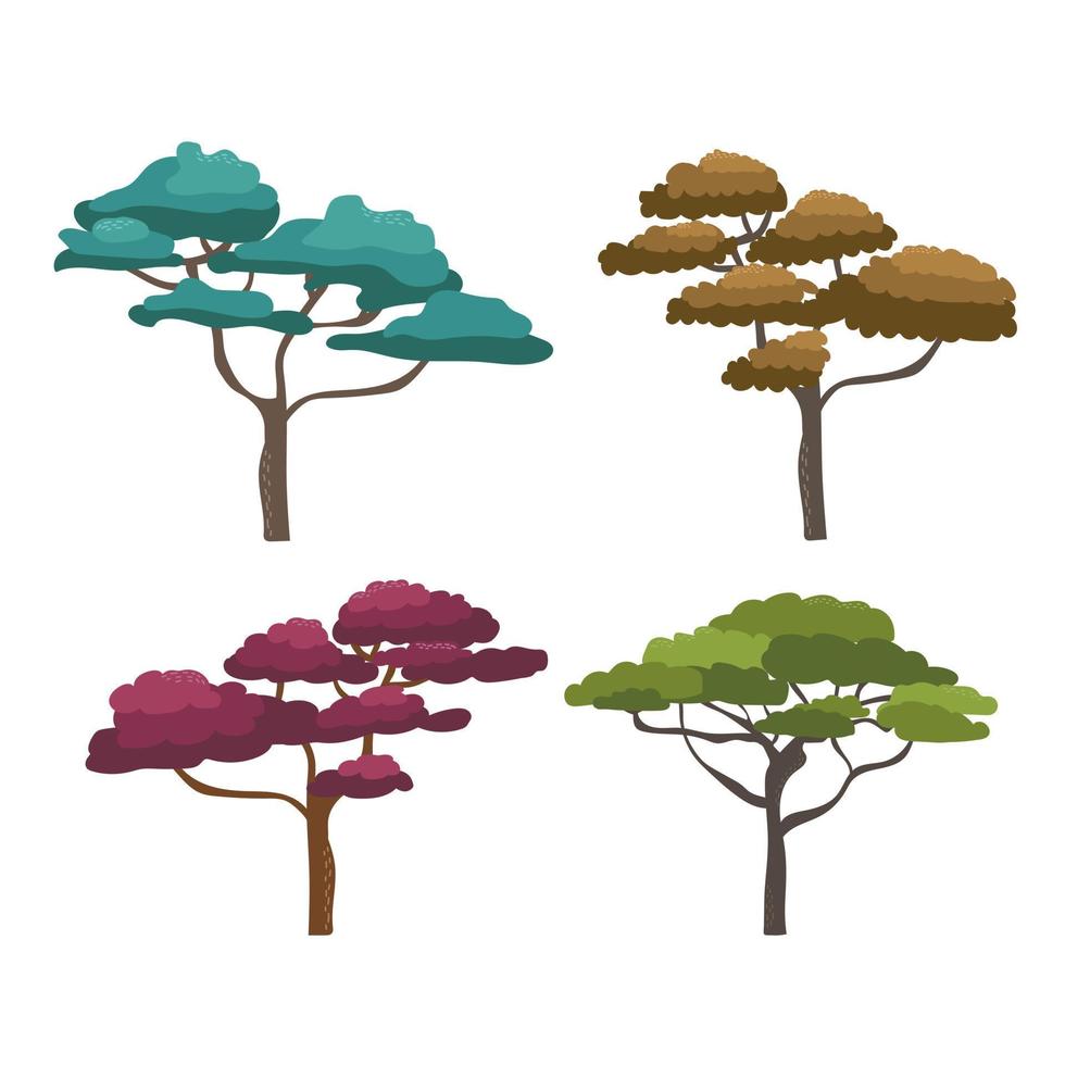 acacia africain avec un style de dessin animé plat à large couronne, illustration vectorielle sur blanc. élément de design nature, ensemble d'arbres colorés, flore de savane vecteur