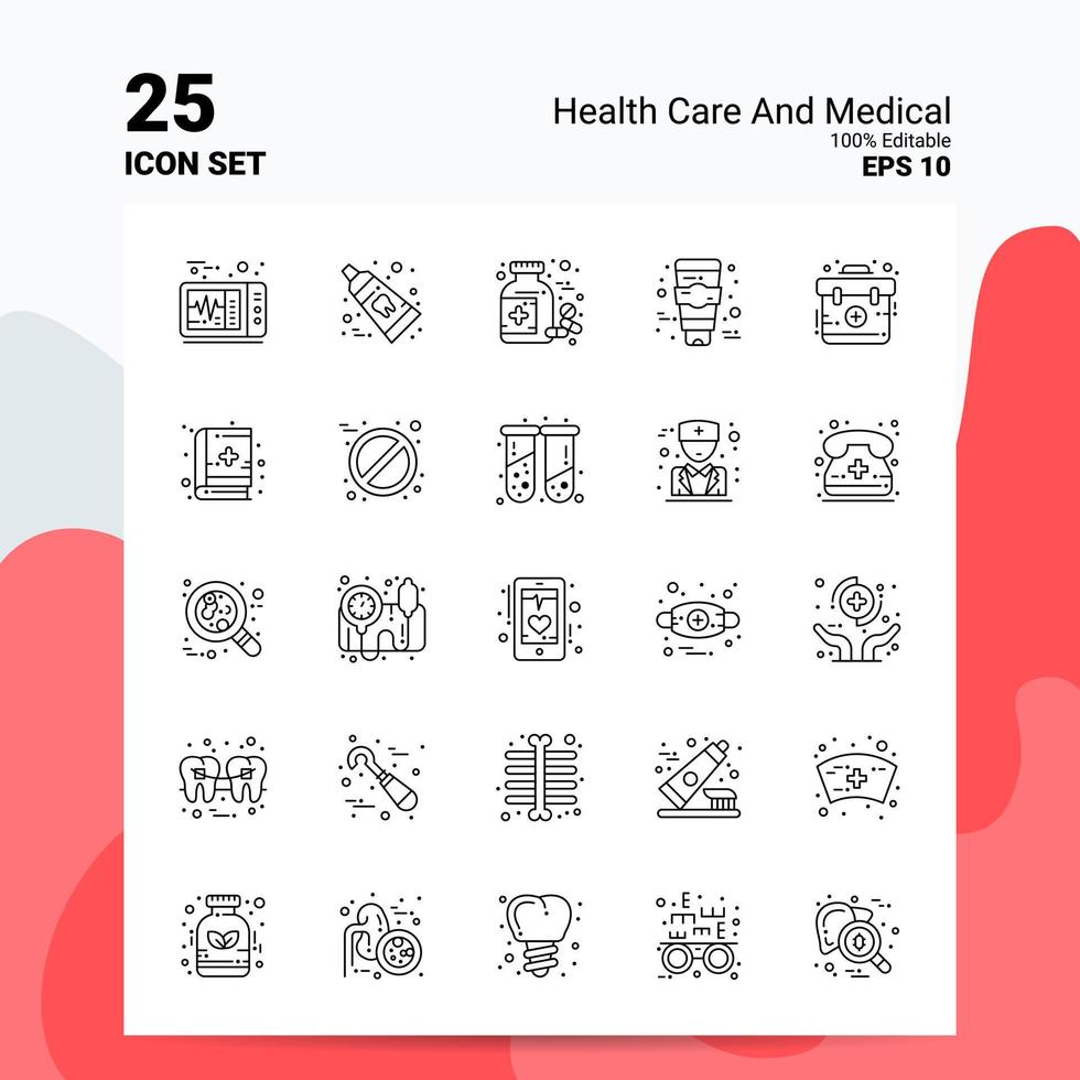 25 soins de santé et jeu d'icônes médicales 100 fichiers eps modifiables 10 idées de concept de logo d'entreprise conception d'icône de ligne vecteur
