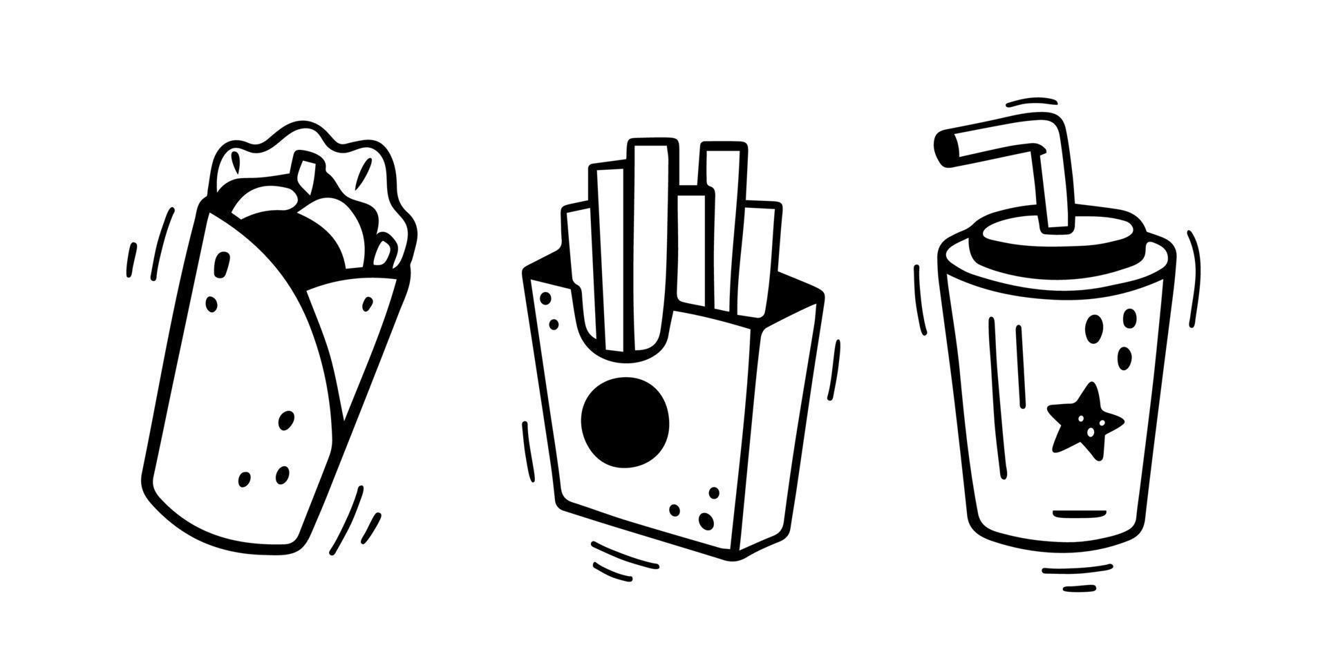 ensemble d'icônes de restauration rapide - burrito, doner, frites, tasse en papier avec boisson. combo de restauration rapide dessiné à la main. style de croquis de doodle comique. illustration vectorielle vecteur