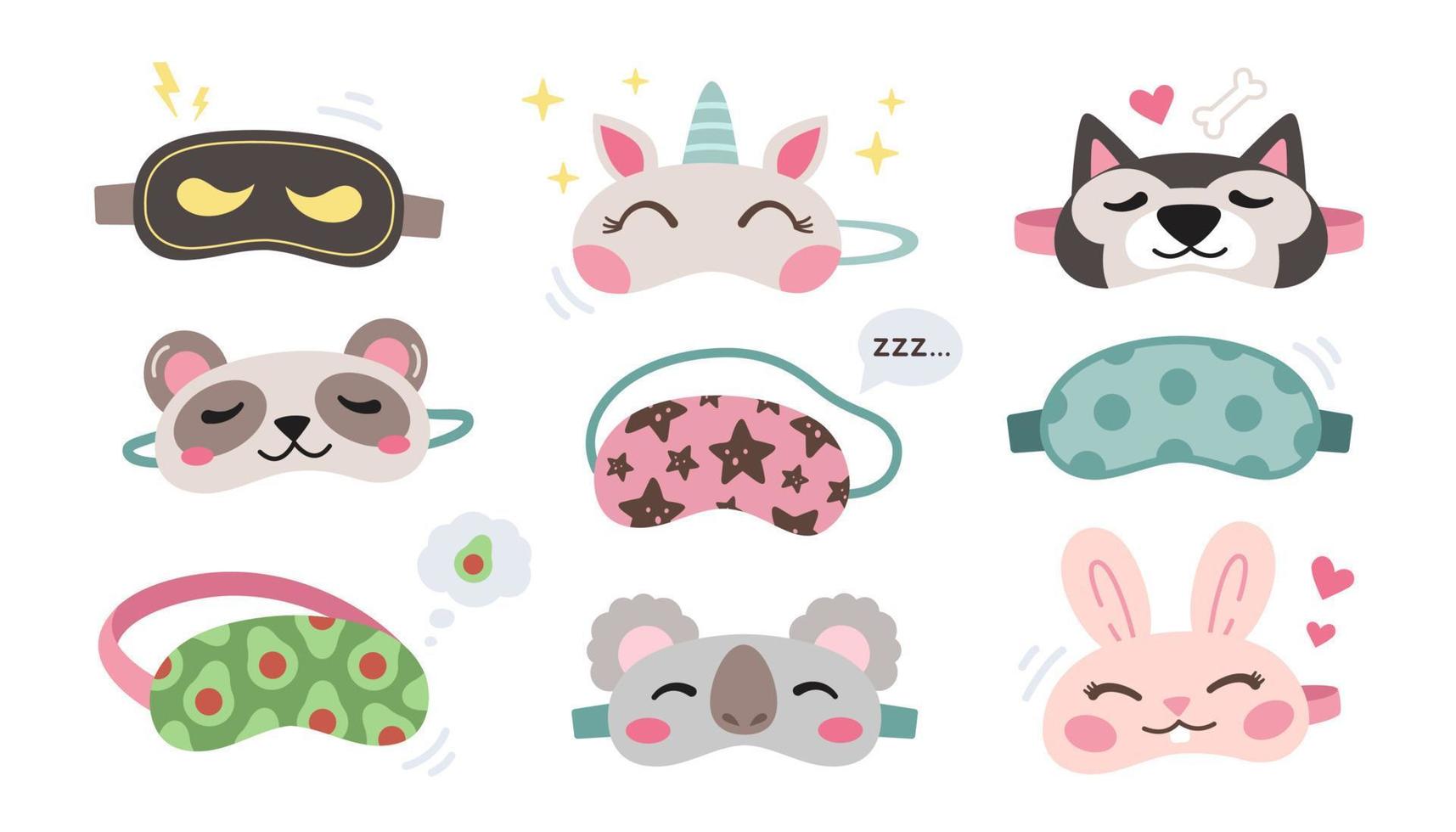 ensemble de masques de sommeil pour enfants. masques d'animaux mignons - koala, licorne, ninja, lapin, panda, chien husky. illustration vectorielle colorée. détente dans la collection de voyage. vecteur