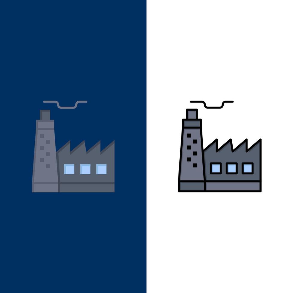 bâtiment usine construction industrie icônes plat et ligne remplie icône ensemble vecteur fond bleu