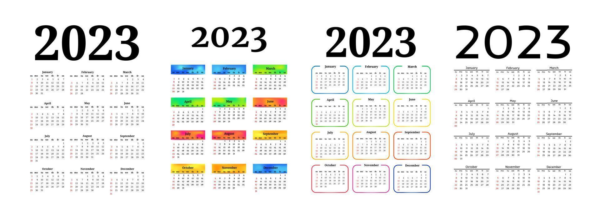 ensemble de quatre calendriers verticaux pour 2023 isolés sur fond blanc. du dimanche au lundi, modèle d'entreprise. illustration vectorielle vecteur