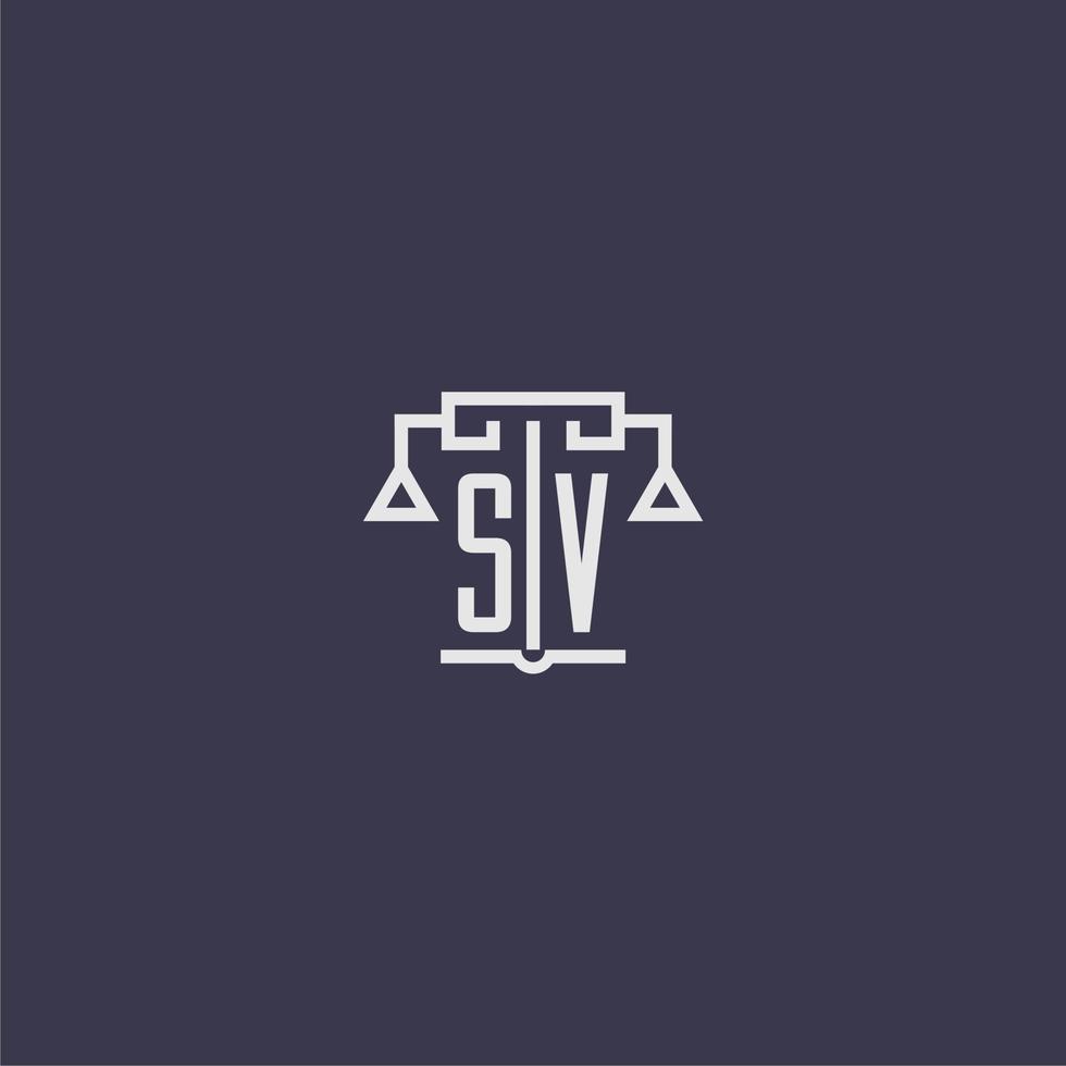 monogramme initial sv pour logo de cabinet d'avocats avec image vectorielle d'échelles vecteur