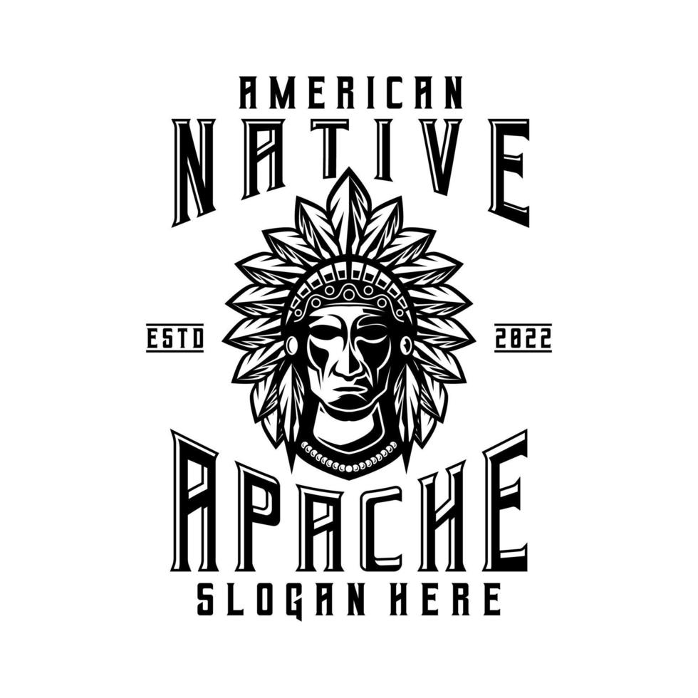 logo indien chef apache style vintage mascotte design caractère noir et wahite silhouette illustration vectorielle vecteur