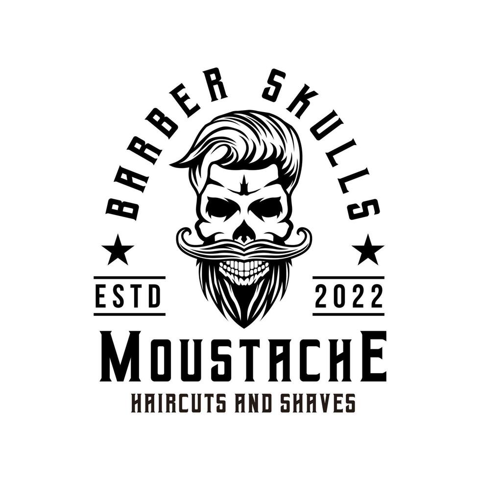 moustache de crâne de barbier avec symbole d'icône de logo de style de cheveux modèle vintage noir et blanc pour étiquettes, emblèmes, badges ou modèle de conception vecteur