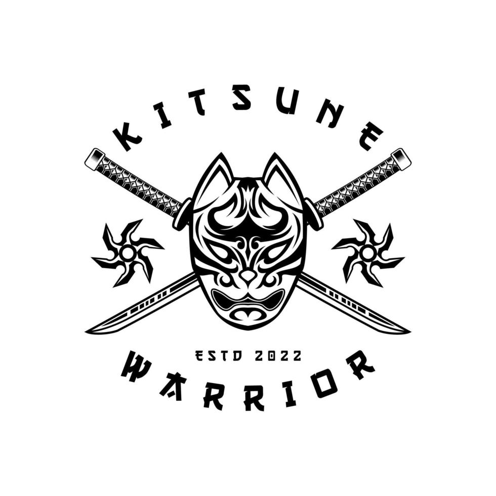 kitsune avec croix katana japanesee wolf logo en illustration vectorielle de style vintage noir et blanc vecteur