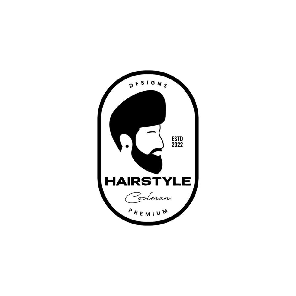 vue latérale homme cool barbu avec style de cheveux insigne unique vecteur de conception de logo vintage