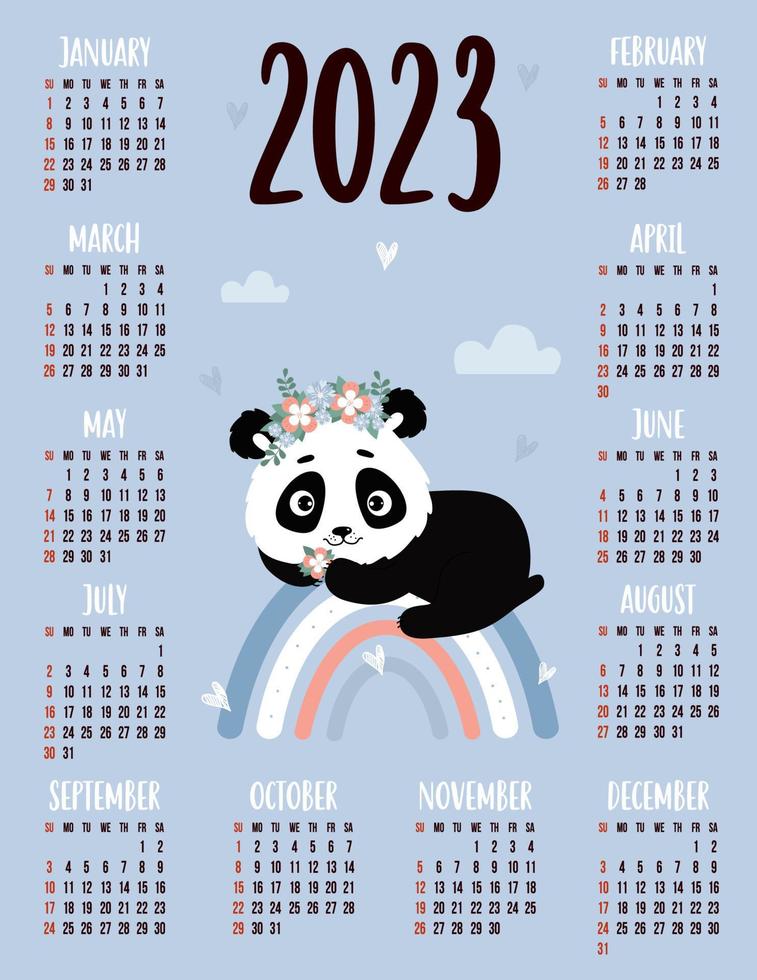 calendrier annuel vertical pour 2023 pendant 12 mois avec panda mignon sur arc-en-ciel. illustration vectorielle. modèle vertical en anglais. la semaine commence le dimanche. vecteur