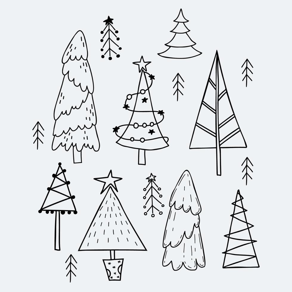 collection linéaire d'arbres de noël. divers arbres, avec guirlande, simples et abstraits. présenter. doodle dessiné à la main isolé de vecteur pour la décoration, la conception, les cartes et l'impression de vacances.