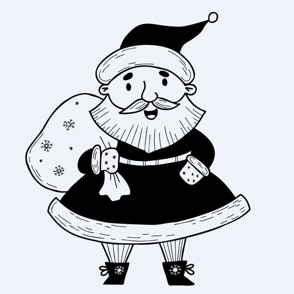 père noël de dessin animé mignon avec sac. illustration vectorielle. doodle dessiné à la main pour les cartes de voeux et les invitations de noël. vecteur