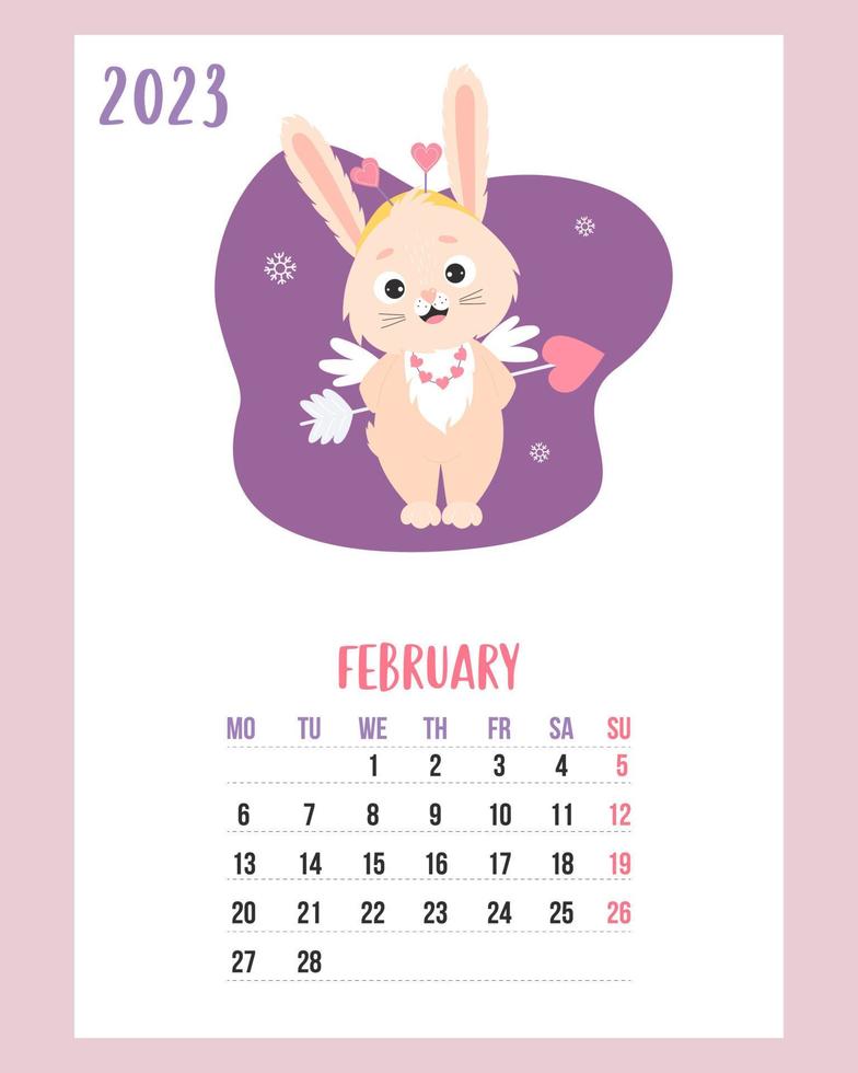calendrier février 2023. cupidon lapin mignon avec un coeur de flèche et des flocons de neige. le lapin est le symbole de l'année 2023 du zodiaque chinois. illustration vectorielle. modèle vertical. semaine du lundi en anglais. vecteur