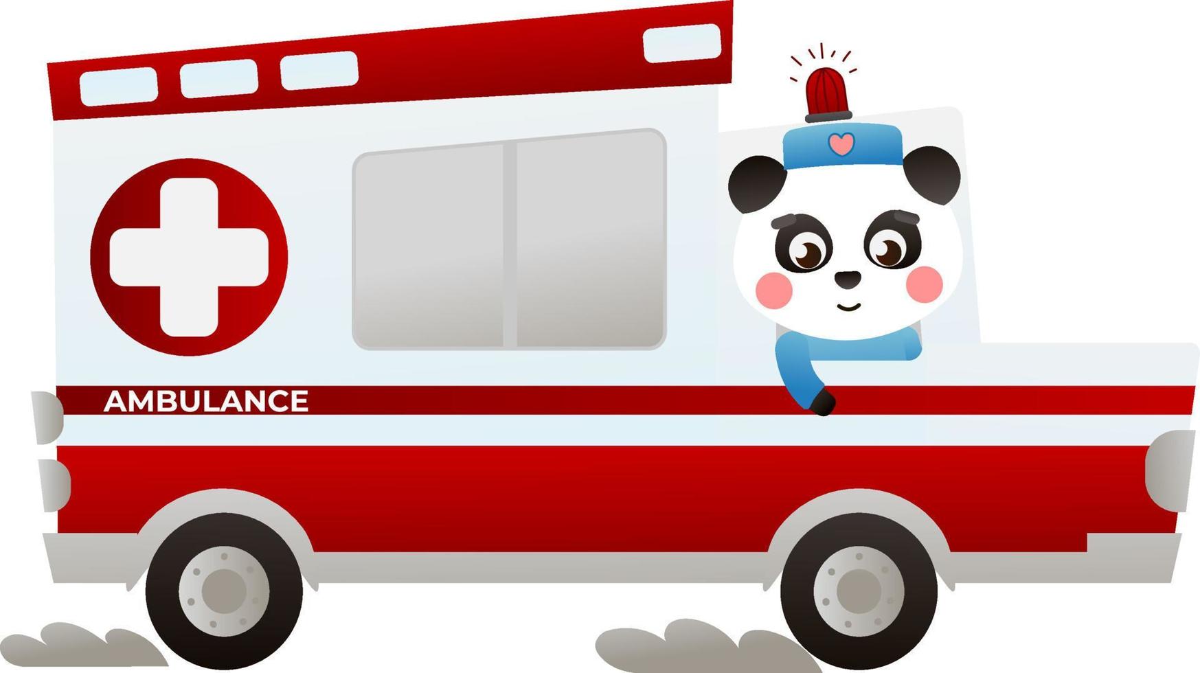 médecin panda mignon conduisant une ambulance, animal en urgence, traitement à l'hôpital vecteur