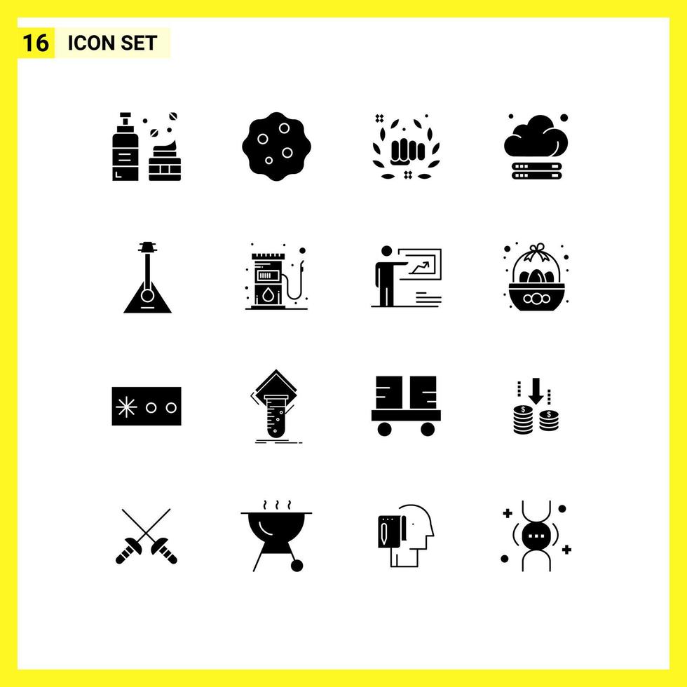 ensemble de 16 glyphes solides vectoriels sur la grille pour le stockage audio poing du serveur de boxe éléments de conception vectoriels modifiables vecteur