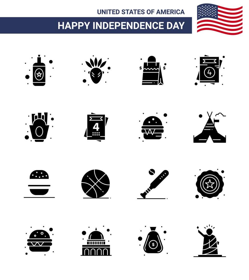 ensemble de 16 icônes de la journée des états-unis symboles américains signes de la fête de l'indépendance pour la nourriture frites usa chips usa éléments de conception vectoriels modifiables de la journée des états-unis vecteur