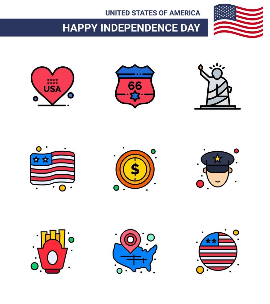 gros pack de 9 usa joyeux jour de l'indépendance usa vector lignes remplies à plat et symboles modifiables d'argent usa repères drapeau usa modifiable usa day vector design elements