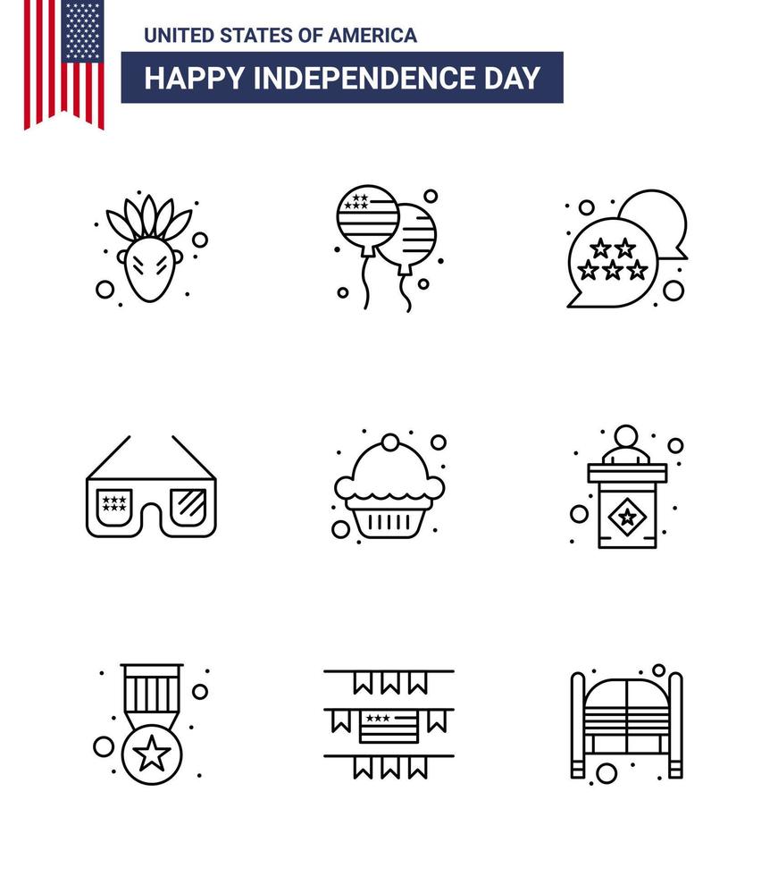 9 usa ligne signes symboles de célébration de la fête de l'indépendance de muffin gâteau usa usa verres modifiables usa day vector design elements