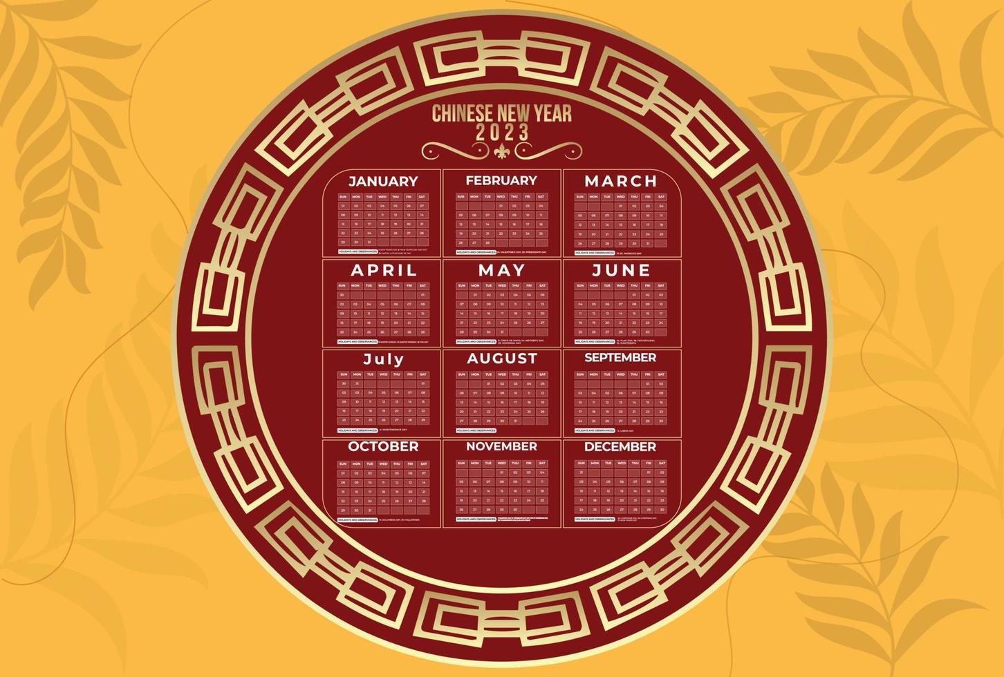 bonne année 2023 modèle de calendrier mensuel. la semaine commence le dimanche. calendrier mural dans un style minimaliste. modèle de papeterie de conception de vecteur. couleur de style plat. vecteur